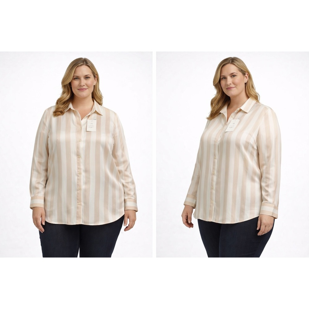 A New Day Womens XL Striped Satin Button Down Shirt Tan Cream‎ Long Sleeve NWT